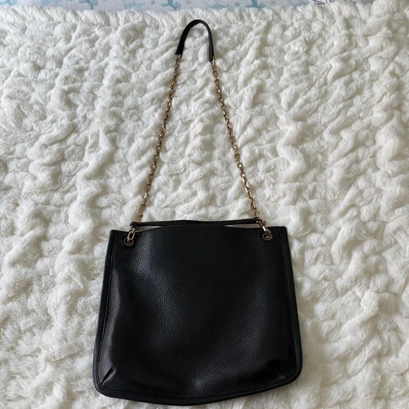 Tory Burch Black Pebbled Leather Tote with Gold Logo & Chain Straps - Picture 4 of 9